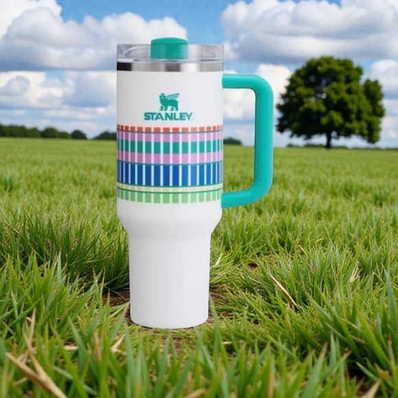 Stanley White and Green Striped Thermos - Picture 3 of 7